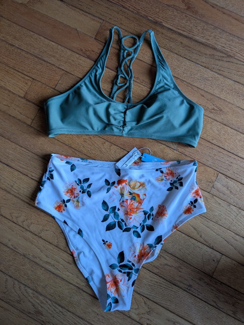Cupshe Sage Green Top & White Floral High-Waist Bikini